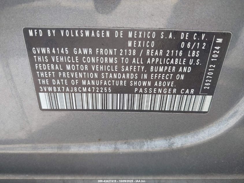 2012 Volkswagen Jetta 2.5L Se VIN: 3VWBX7AJ8CM472255 Lot: 43427419