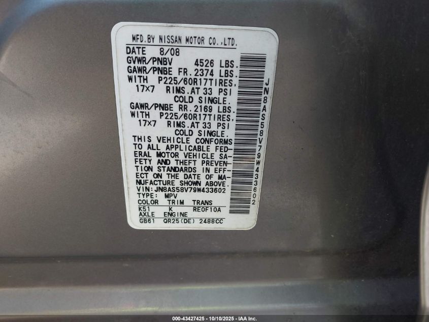 2009 Nissan Rogue Sl VIN: JN8AS58V79W433602 Lot: 43427425