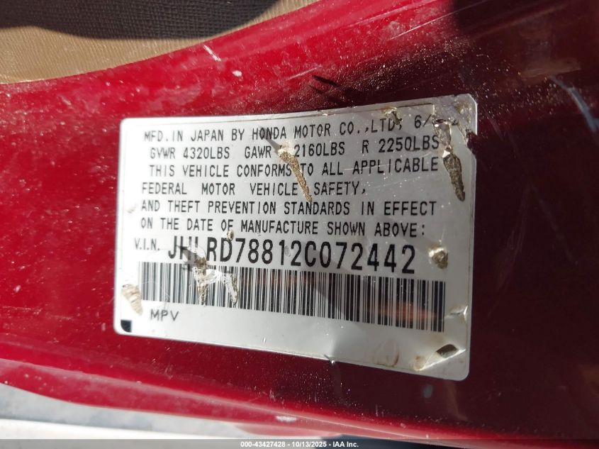2002 Honda Cr-V Ex VIN: JHLRD78812C072442 Lot: 43427428