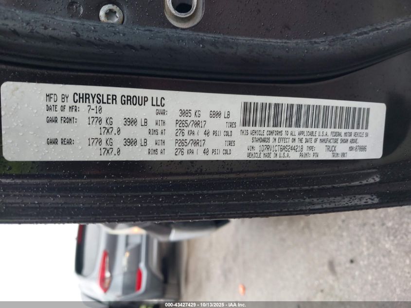 2010 Dodge Ram 1500 Slt/Sport/Trx VIN: 1D7RV1CT6AS244218 Lot: 43427429