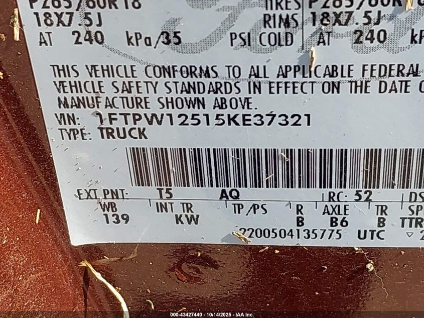 2005 Ford F-150 Lariat/Xlt VIN: 1FTPW12515KE37321 Lot: 43427440