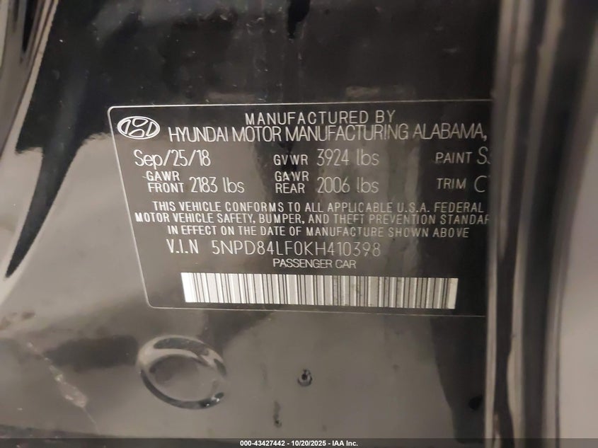 5NPD84LF0KH410398 2019 HYUNDAI ELANTRA photo no. 9