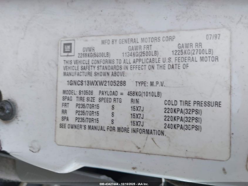 1998 Chevrolet Blazer Ls VIN: 1GNCS13WXW2105288 Lot: 43427444