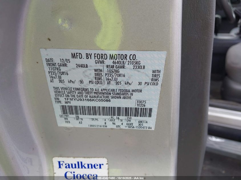 2006 Ford Escape Xlt/Xlt Sport VIN: 1FMYU93166KC05086 Lot: 43427450