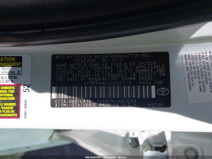 2018 Toyota Camry Xle VIN: 4T1B11HK7JU032211 Lot: 43427467