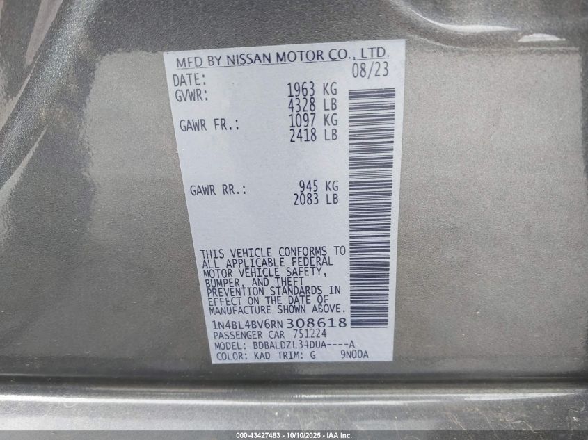 2024 Nissan Altima S Fwd VIN: 1N4BL4BV6RN308618 Lot: 43427483