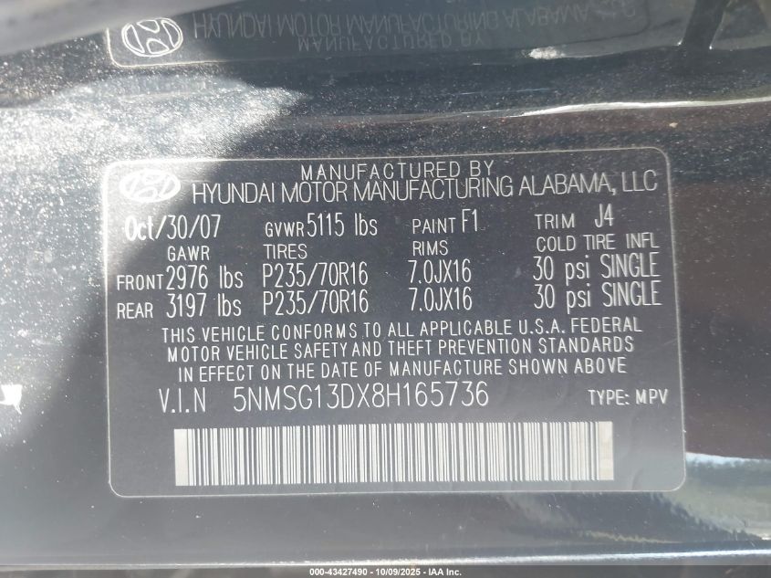 2008 Hyundai Santa Fe Gls VIN: 5NMSG13DX8H165736 Lot: 43427490