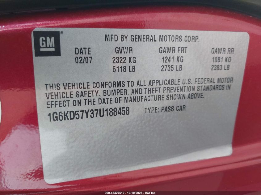 2007 Cadillac Dts Luxury Ii VIN: 1G6KD57Y37U188458 Lot: 43427510