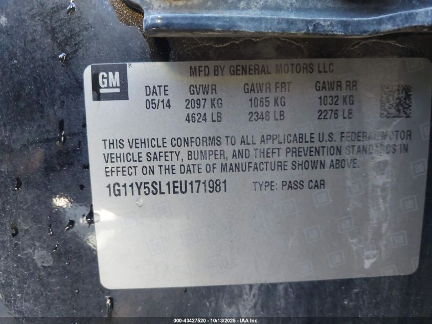 2014 Chevrolet Impala 1Ls VIN: 1G11Y5SL1EU171981 Lot: 43427520