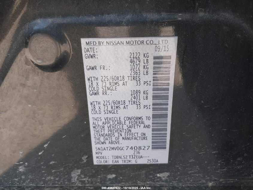 2016 Nissan Rogue Sl VIN: 5N1AT2MV0GC740827 Lot: 43427522