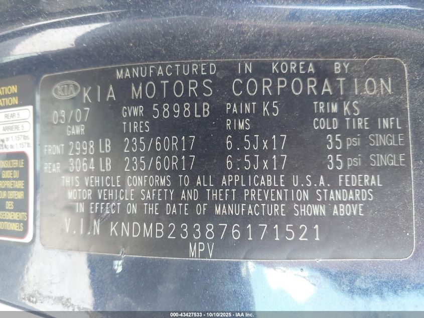 2007 Kia Sedona Ex VIN: KNDMB233876171521 Lot: 43427533