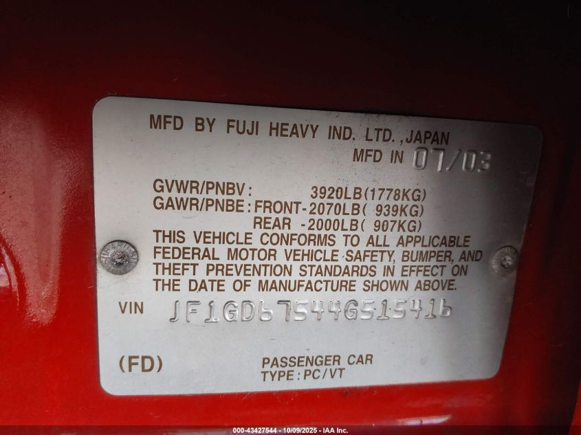 2004 Subaru Impreza 2.5Rs VIN: JF1GD67544G515416 Lot: 43427544