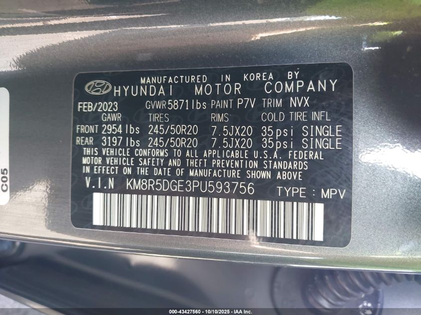 2023 Hyundai Palisade Limited VIN: KM8R5DGE3PU593756 Lot: 43427560