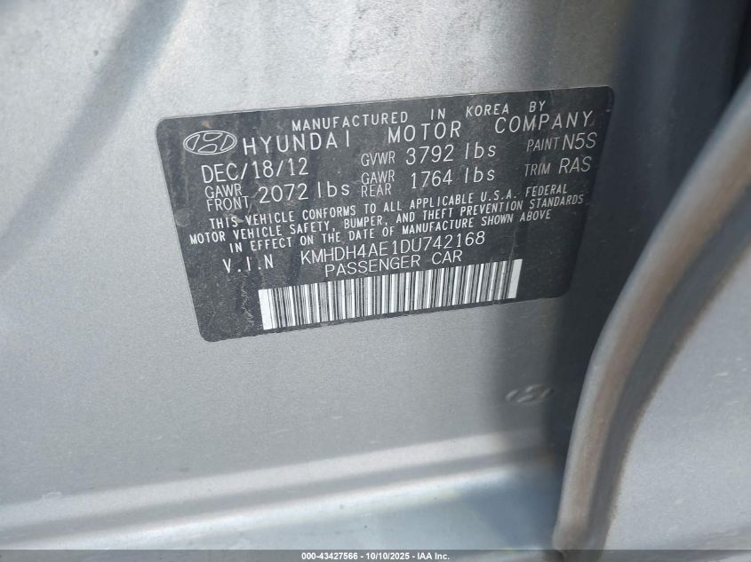 2013 Hyundai Elantra Gls VIN: KMHDH4AE1DU742168 Lot: 43427566