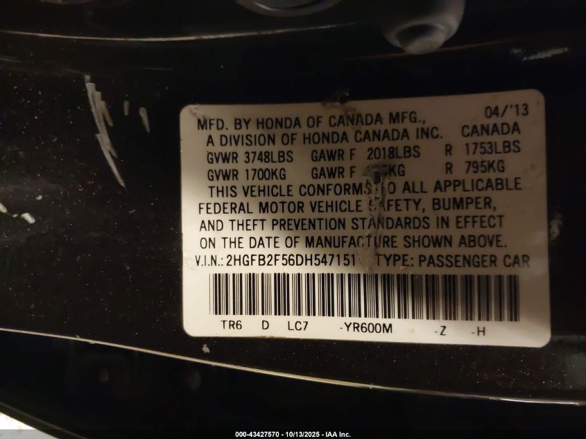 2013 Honda Civic Lx VIN: 2HGFB2F56DH547151 Lot: 43427570