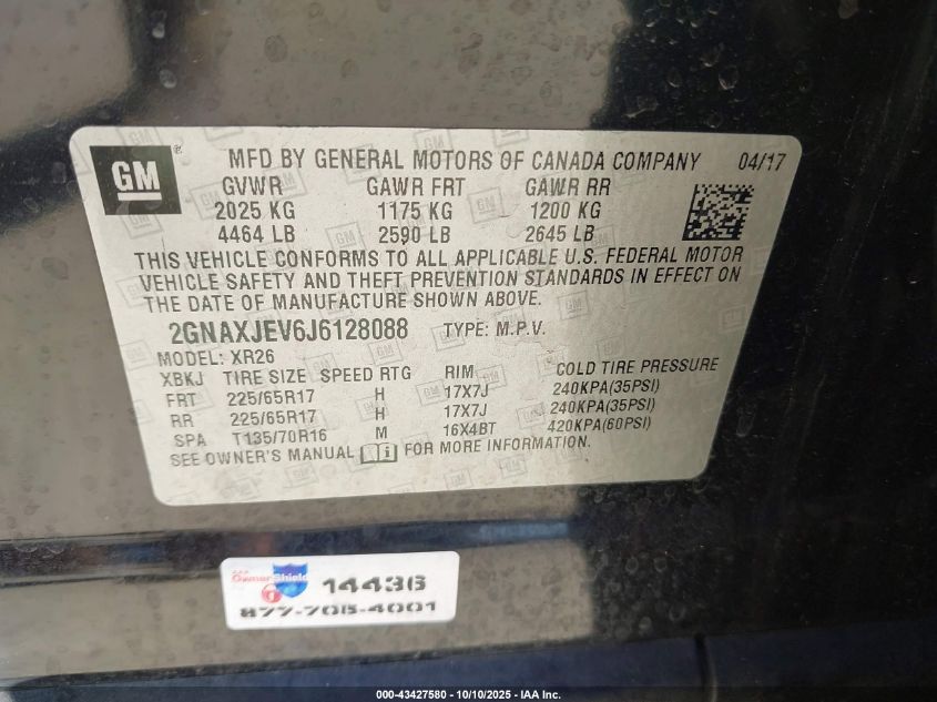 2018 Chevrolet Equinox Lt VIN: 2GNAXJEV6J6128088 Lot: 43427580