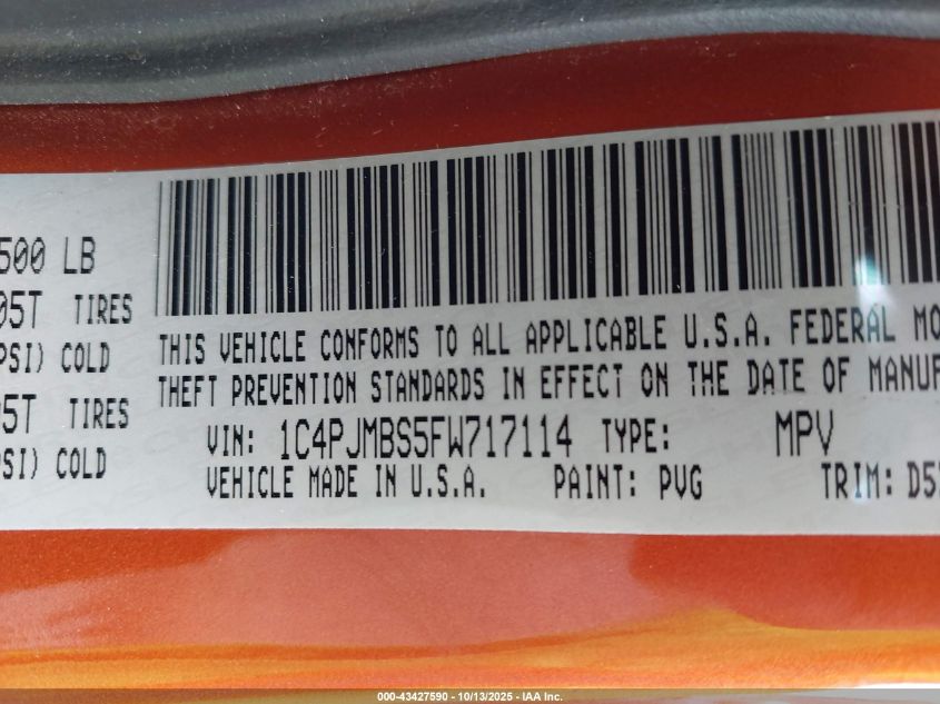 2015 Jeep Cherokee Trailhawk VIN: 1C4PJMBS5FW717114 Lot: 43427590