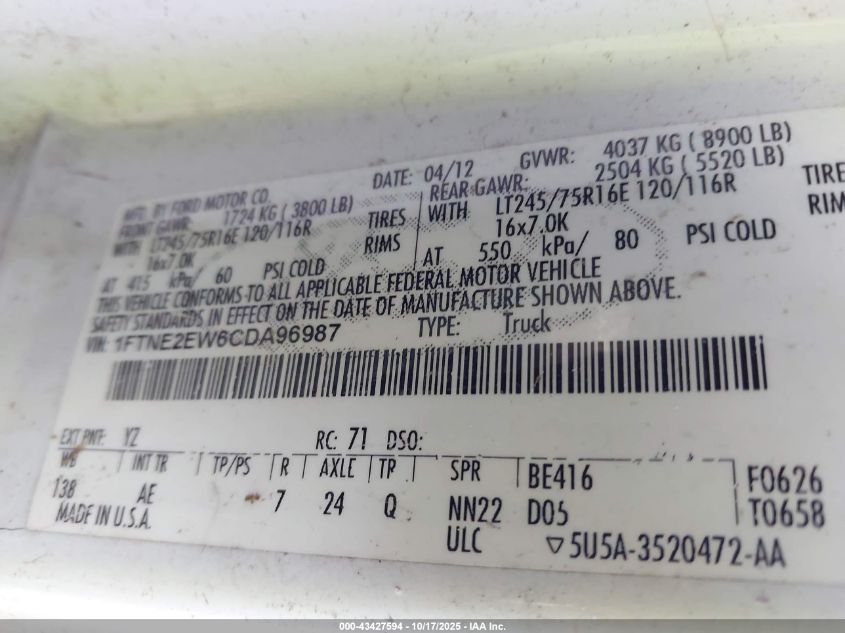 2012 Ford E-250 Commercial VIN: 1FTNE2EW6CDA96987 Lot: 43427594