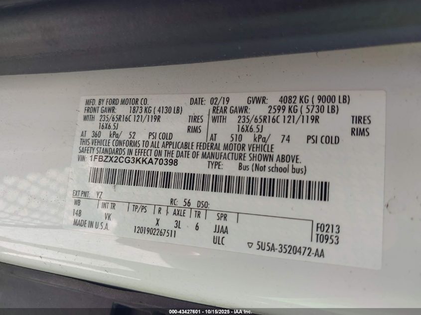 2019 Ford Transit-350 Xl VIN: 1FBZX2CG3KKA70398 Lot: 43427601