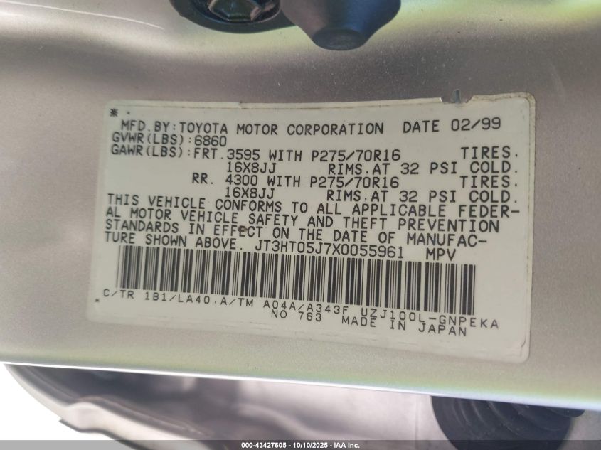 1999 Toyota Land Cruiser VIN: JT3HT05J7X0055961 Lot: 43427605
