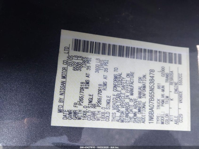 2005 Nissan Titan Le VIN: 1N6BA07B65N538478 Lot: 43427610