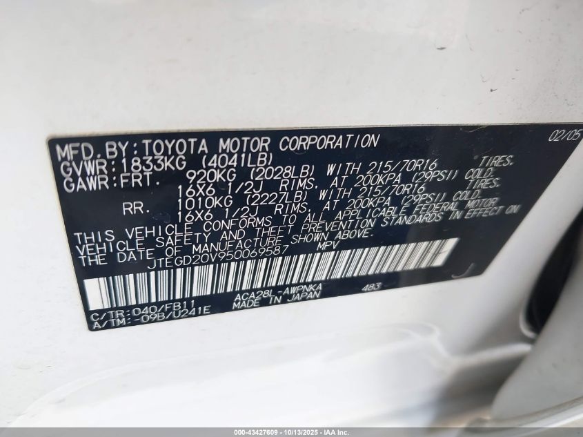 2005 Toyota Rav4 VIN: JTEGD20V950069587 Lot: 43427609