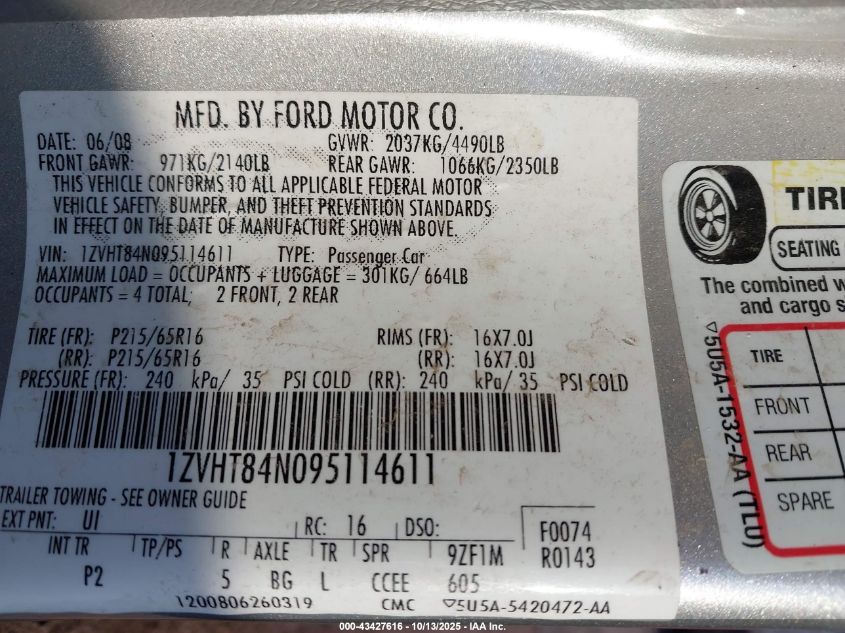 2009 Ford Mustang V6/V6 Premium VIN: 1ZVHT84N095114611 Lot: 43427616