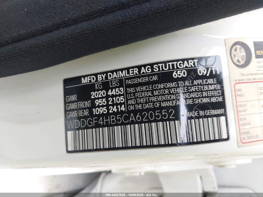 2012 Mercedes-Benz C 250 Sport VIN: WDDGF4HB5CA620552 Lot: 43427626