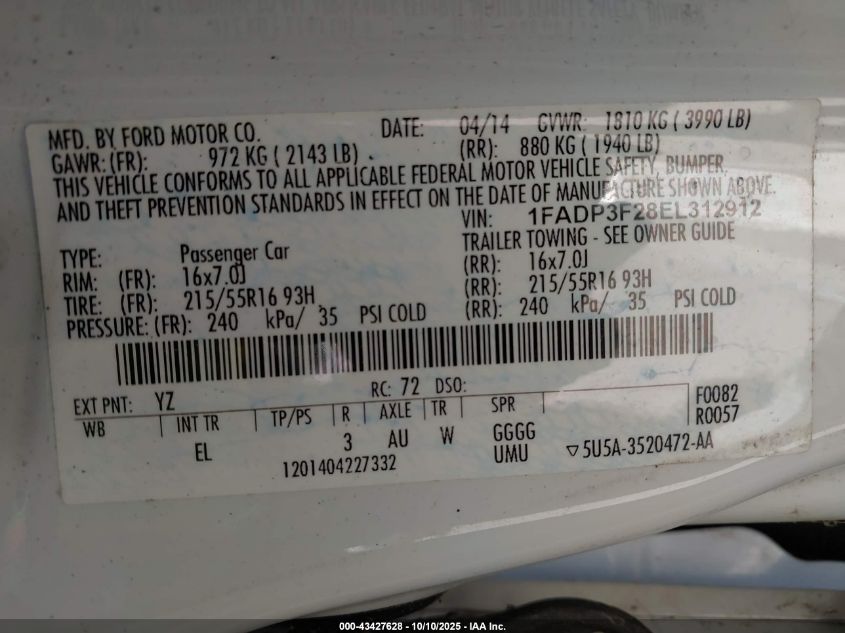 2014 Ford Focus Se VIN: 1FADP3F28EL312912 Lot: 43427628