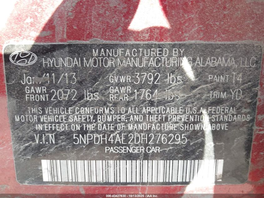 2013 Hyundai Elantra Limited VIN: 5NPDH4AE2DH276295 Lot: 43427630
