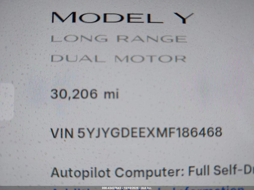 2021 Tesla Model Y Long Range Dual Motor All-Wheel Drive VIN: 5YJYGDEEXMF186468 Lot: 43427643