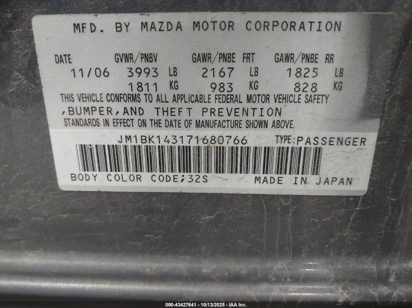 2007 Mazda Mazda3 S Sport VIN: JM1BK143171680766 Lot: 43427641