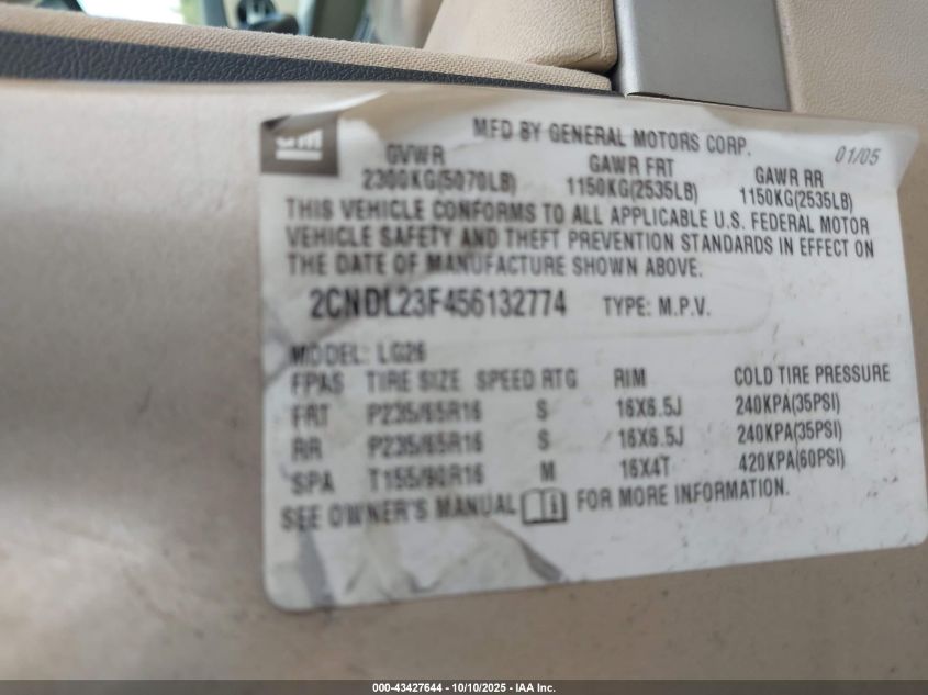 2005 Chevrolet Equinox Ls VIN: 2CNDL23F456132774 Lot: 43427644