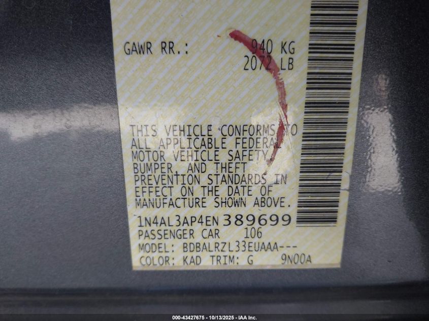 2014 Nissan Altima 2.5 S VIN: 1N4AL3AP4EN389699 Lot: 43427675