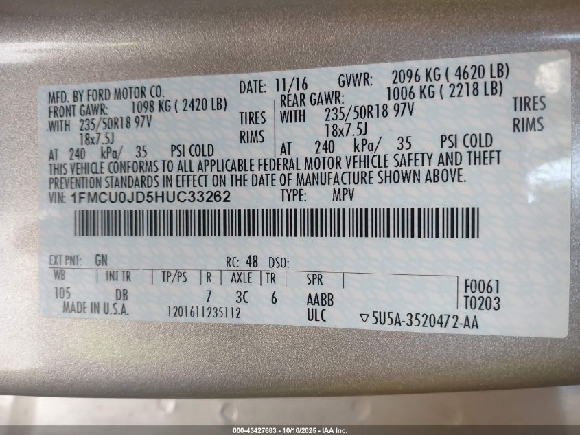 2017 Ford Escape Titanium VIN: 1FMCU0JD5HUC33262 Lot: 43427683