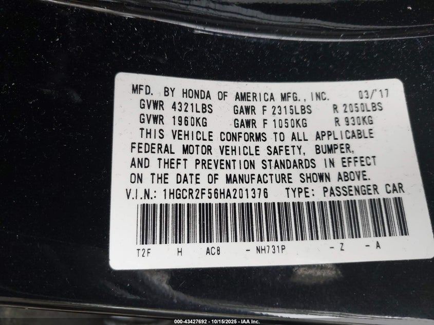 1HGCR2F56HA201376 2017 HONDA ACCORD photo no. 9