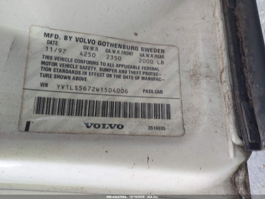 1998 Volvo S70 Glt VIN: YV1LS5672W1504006 Lot: 43427694
