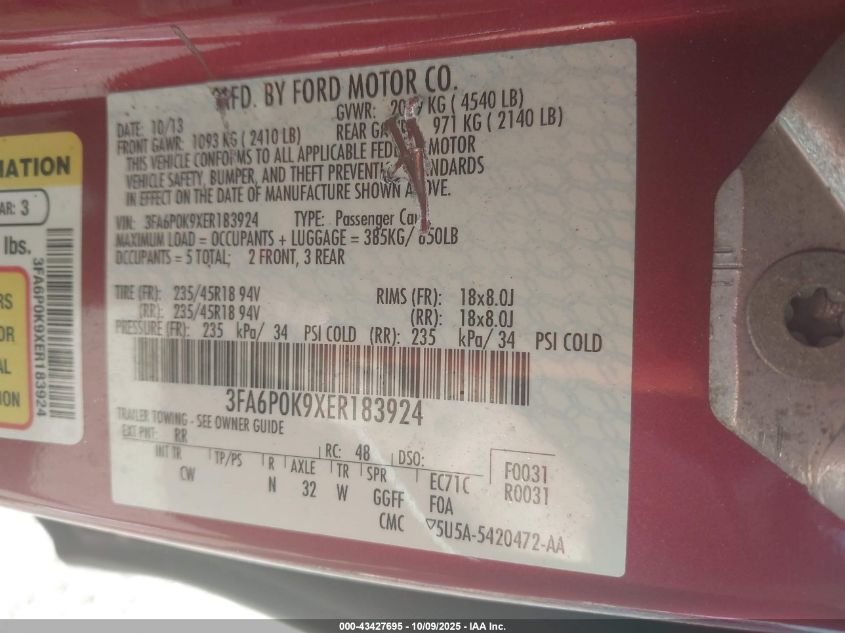 2014 Ford Fusion Titanium VIN: 3FA6P0K9XER183924 Lot: 43427695