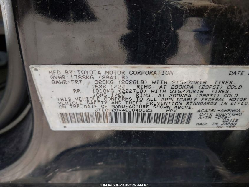 2002 Toyota Rav4 VIN: JTEGH20V420046525 Lot: 43427708