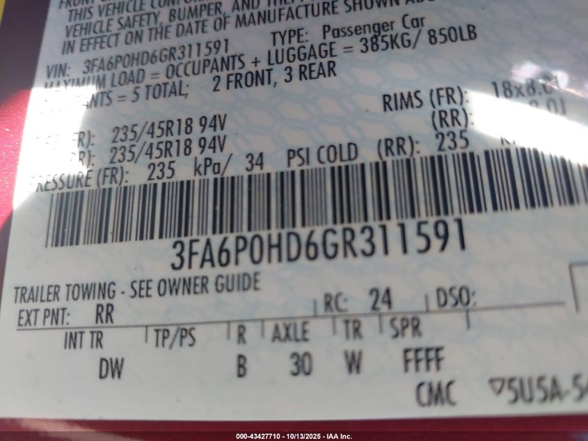 2016 Ford Fusion Se VIN: 3FA6P0HD6GR311591 Lot: 43427710