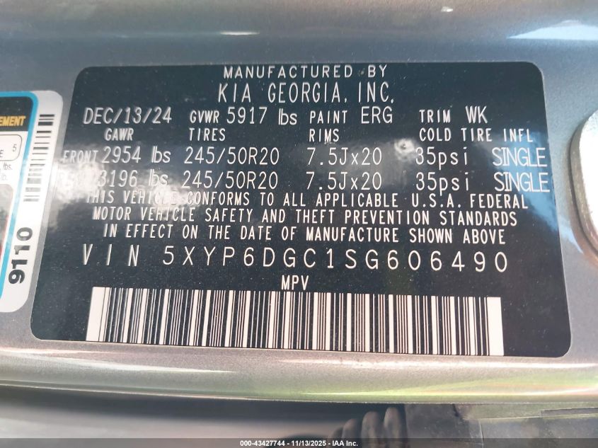 2025 Kia Telluride S VIN: 5XYP6DGC1SG606490 Lot: 43427744