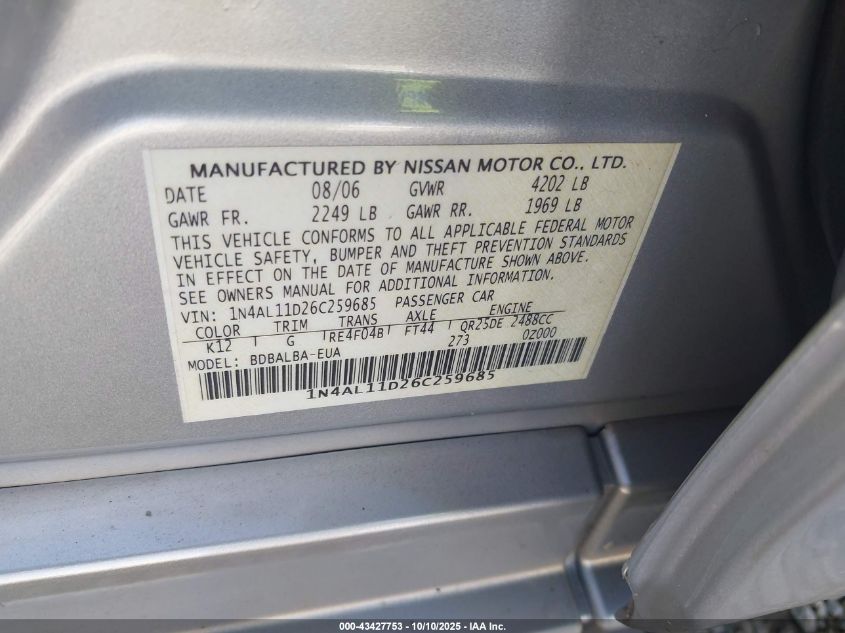 2006 Nissan Altima 2.5 S VIN: 1N4AL11D26C259685 Lot: 43427753