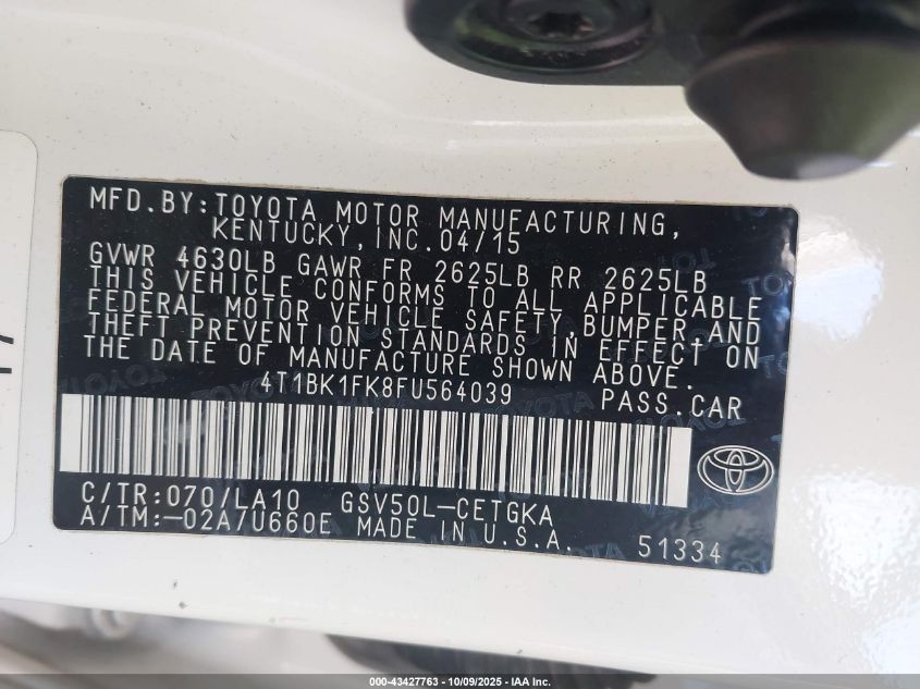 2015 Toyota Camry Xle V6 VIN: 4T1BK1FK8FU564039 Lot: 43427763