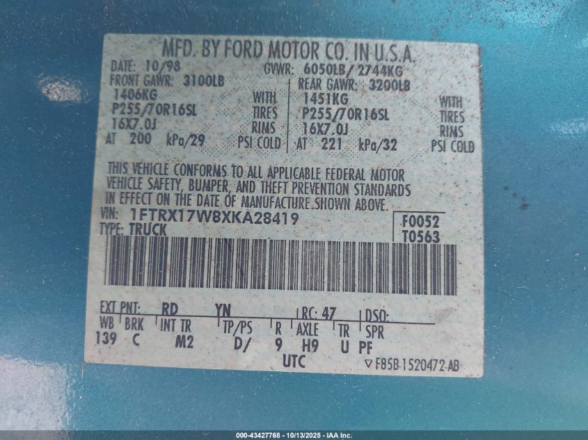 1999 Ford F-150 Lariat/Work Series/Xl/Xlt VIN: 1FTRX17W8XKA28419 Lot: 43427768