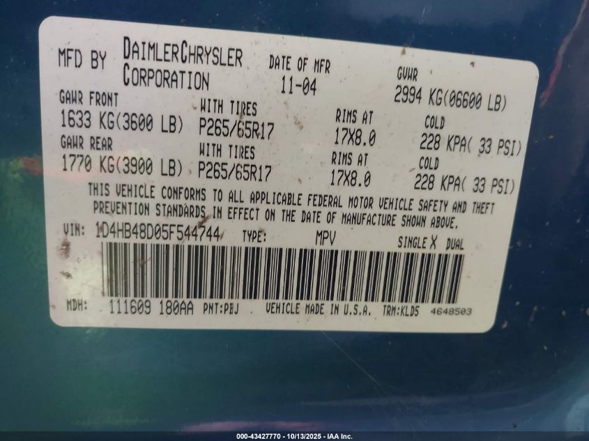 2005 Dodge Durango Slt VIN: 1D4HB48D05F544744 Lot: 43427770