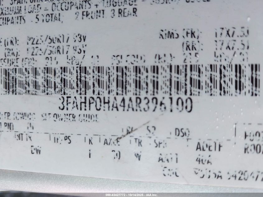 2010 Ford Fusion Se VIN: 3FAHP0HA4AR396100 Lot: 43427772