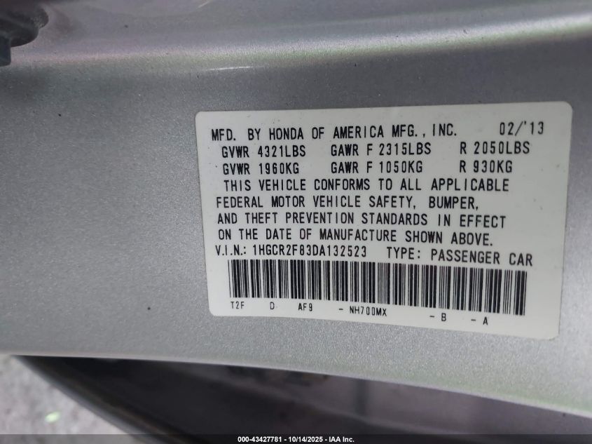 2013 Honda Accord Ex-L VIN: 1HGCR2F83DA132523 Lot: 43427781