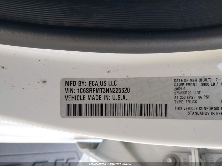2022 Ram 1500 Big Horn 4X4 6'4 Box VIN: 1C6SRFMT3NN225620 Lot: 43427790
