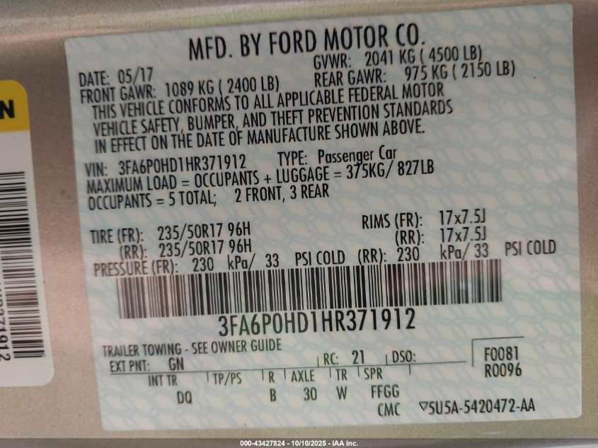 2017 Ford Fusion Se VIN: 3FA6P0HD1HR371912 Lot: 43427824