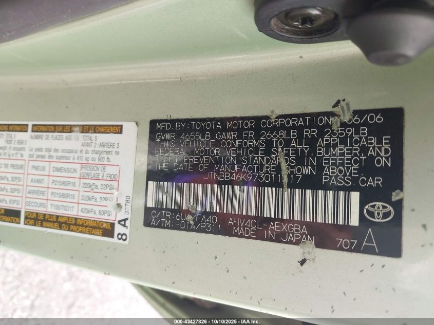 2007 Toyota Camry Hybrid VIN: JTNBB46K973011117 Lot: 43427826